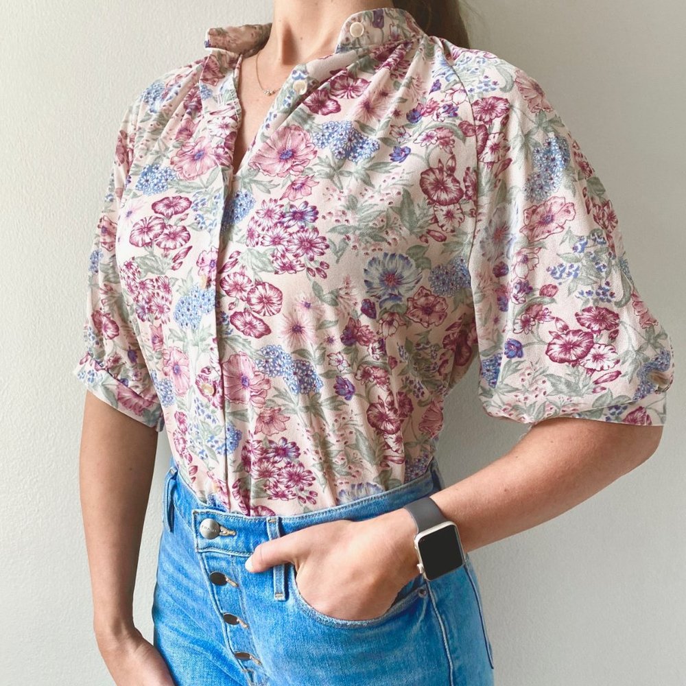 Vintage Floral Blouse in Pink and Blue